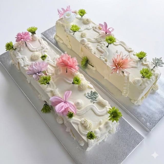 Matching pair of Biscoff chiffon cakes with white frosting and soft floral decoration