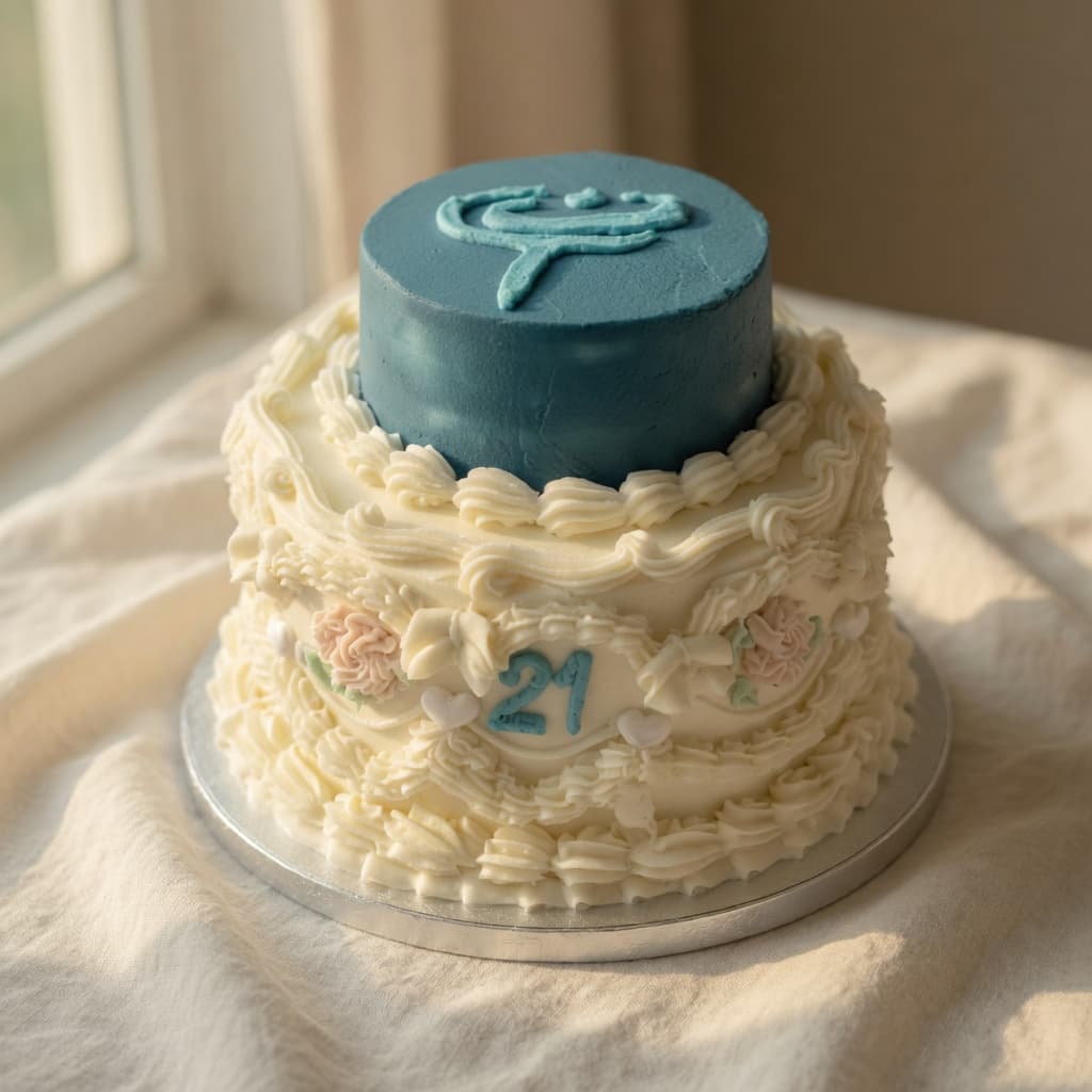 Two-tier celebration cake: cream ruffles with a teal monogram top, by Salt and Light Bakehouse