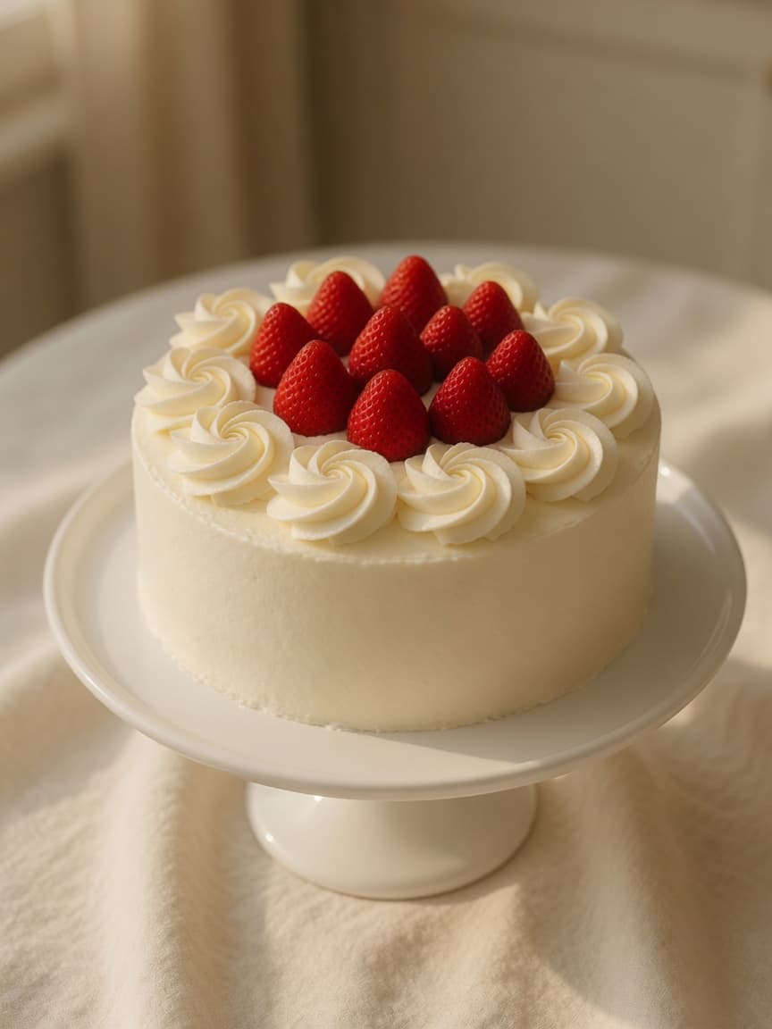 Len's strawberry chiffon cake with whole strawberries and cream rosettes